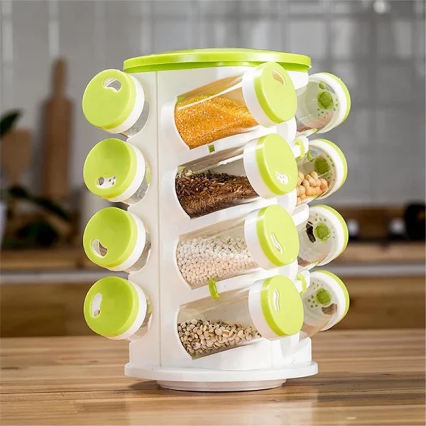 Rotating Spice Rack With 16 Plastic Bottles